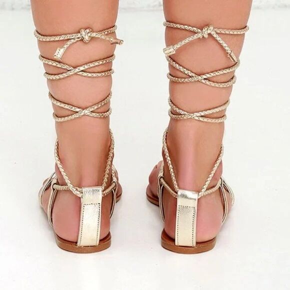 Steve Madden Werkit Gold Leather Leg Wrap Gladiator Sandals - Picture 6 of 16